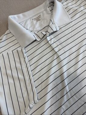 Amazon Essentials White Polo with Black Pinstripes